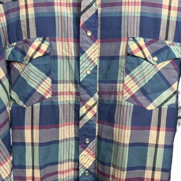 Vintage Y2K Big Man Wrangler Pearl Snap Plaid Western Shirt Size 3X Blue - Picture 4 of 8
